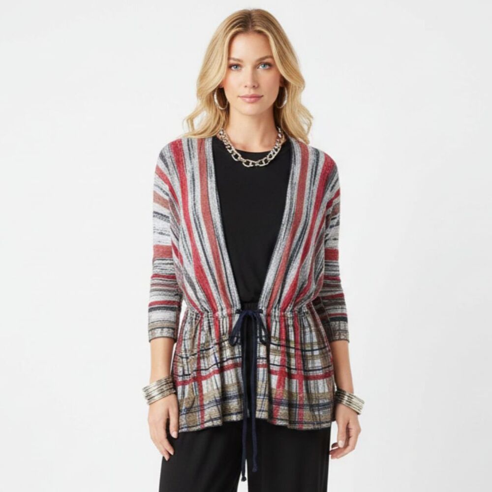 Nic + Zoe Linen Blend White Red Multi Color light Striped Cardigan Sweater L
